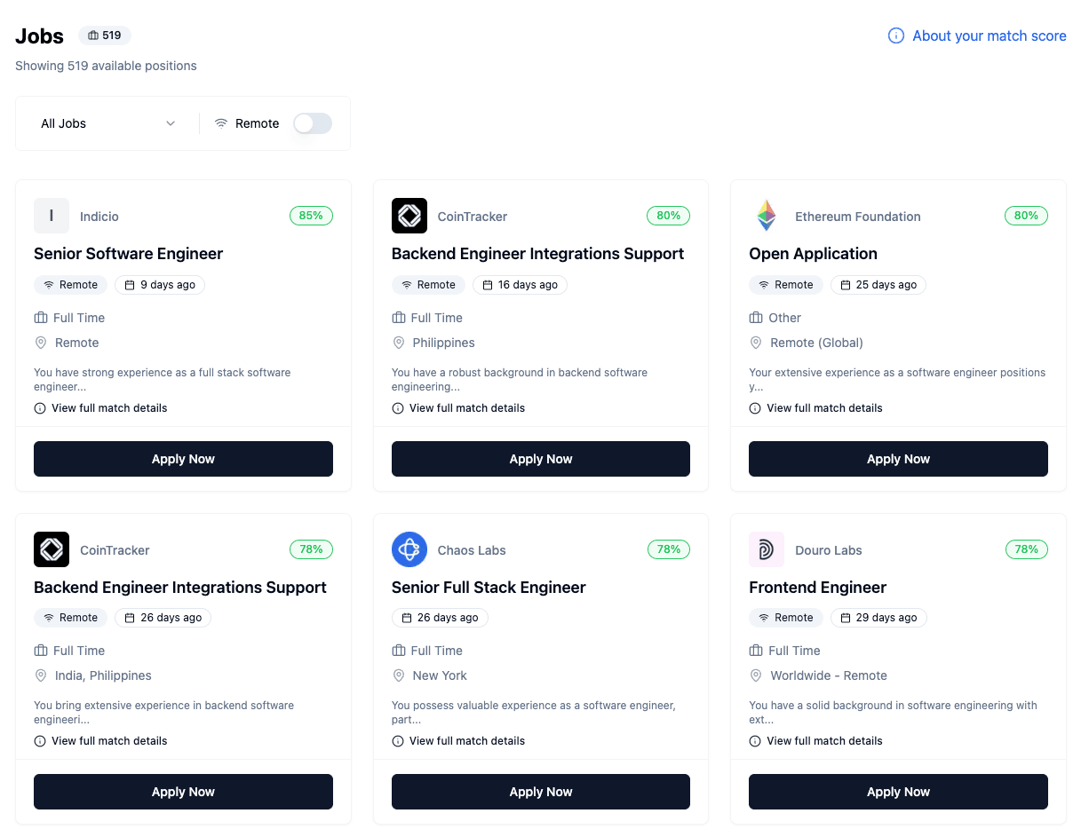 Onematch Job Board with personalized match scores